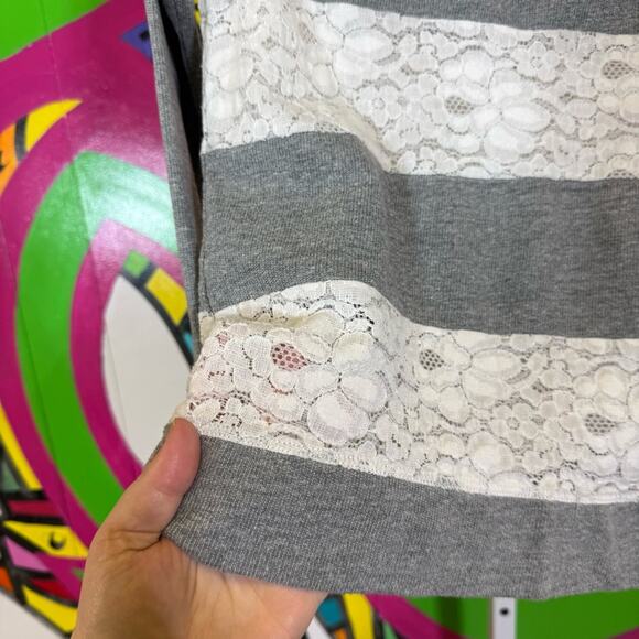 LC Lauren Conrad Gray and White Lace Striped Raglan Sweater. Size Small. - Picture 2 of 6